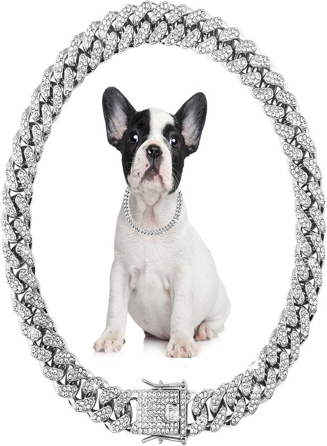 WeimoMonkey Silver Cuban Dog Collar,Cuban Link Dog Collar Necklace Diamond Metal Bling Choke Collar 13mm Wide Pet Jewelry for Puppy Small Medium Large Dogs Cats (14inch) - Image 1